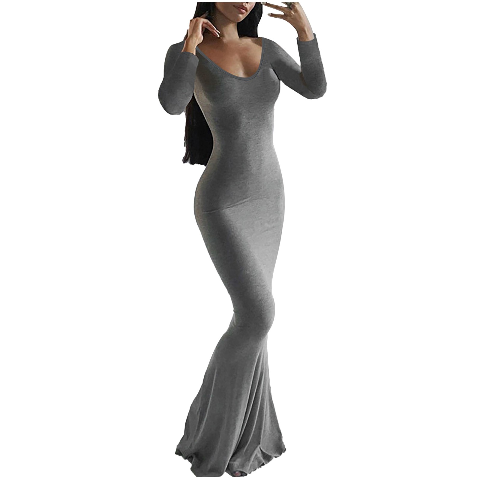 thumbnail image 1 of Vestido largo ajustado sin espalda, de color liso y cuello en V, para mujer: estilo informal y sexy para fiestas, trabajo y vacaciones, 1 of 3